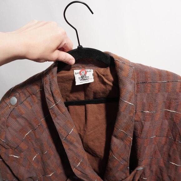 Vintage 80s French Designer Brown Blazer Jacket Plaid Dramatic Academia Punk XL - Picture 10 of 11